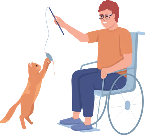 Disabled man playing with his cat  Illustration