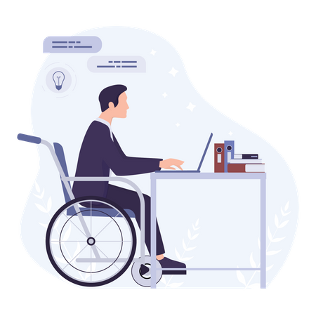 Disabled man sitting in wheelchair working at office Illustration