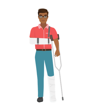 Disabled man with hand and leg fracture  Illustration