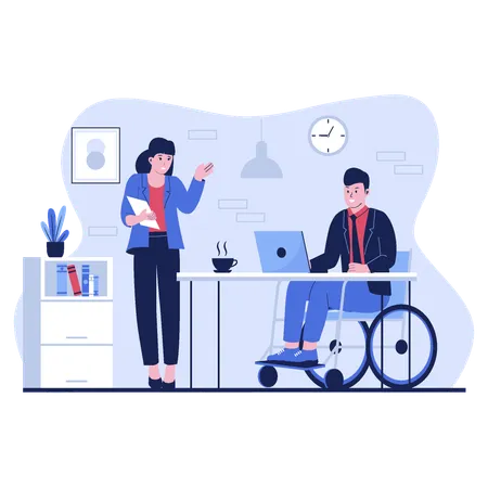 Disabled man working in office using wheelchair  Illustration