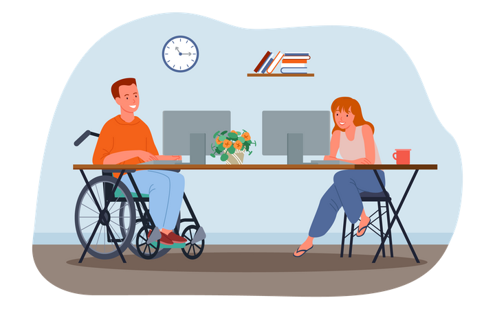 Disabled man working with co-worker  Illustration