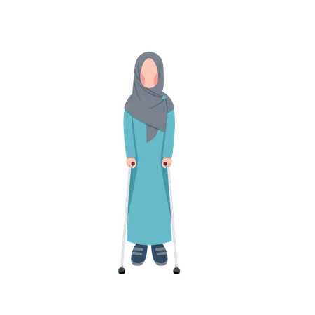 Disabled Muslim Woman Walking With Crutches Illustration