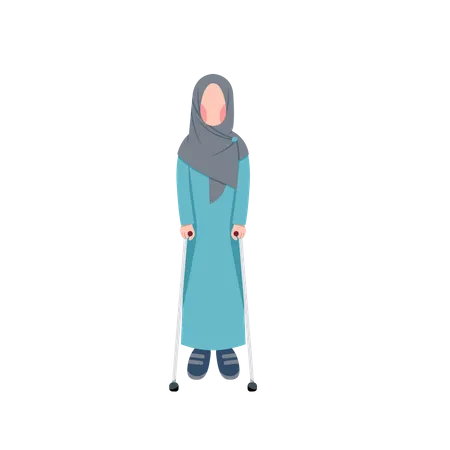 Disabled Muslim Woman Walking With Crutches  Illustration