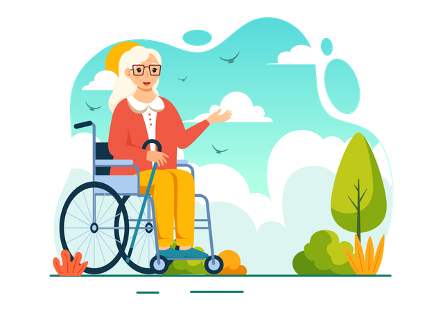Disabled Old woman enjoying in park  Illustration