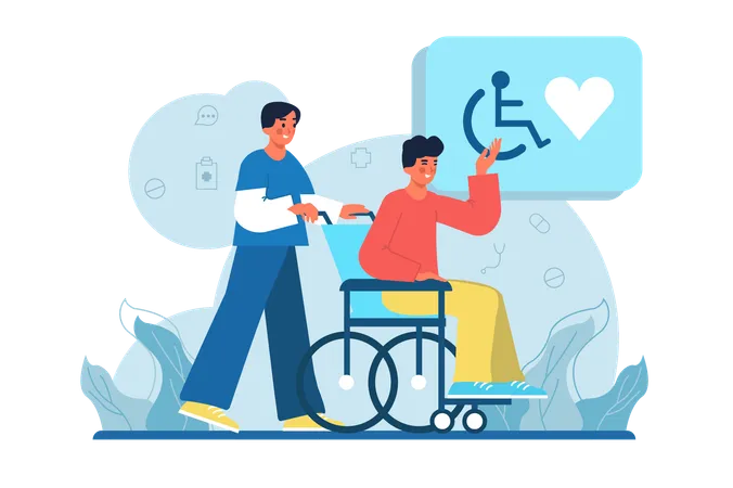 Disabled People Medicine Blue Concept With People Scene In The Flat Cartoon Design Doctor Helps A Patient In A Wheelchair Move Around The Hospital Vector Illustration Illustration