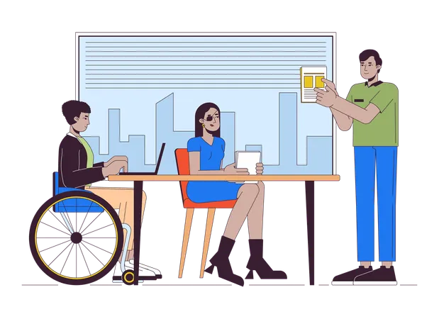 Disabled People In Office Line Cartoon Flat Illustration Employees With Disability 2 D Lineart Characters Isolated On White Background Inclusivity At Workplace Scene Vector Color Image Illustration
