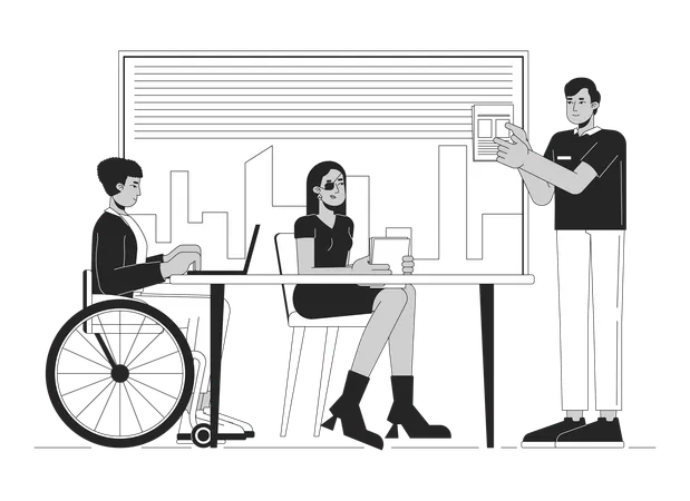Disabled People In Office Line Black And White Line Illustration Employees With Disability 2 D Lineart Characters Isolated Inclusivity At Workplace Monochrome Scene Vector Outline Image Illustration