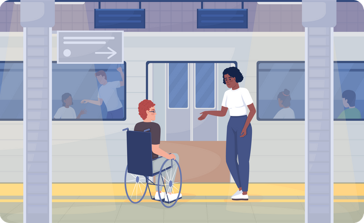 Disabled person commuting at train station  Illustration