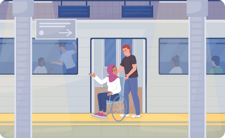 Disabled person in underground train station  Illustration