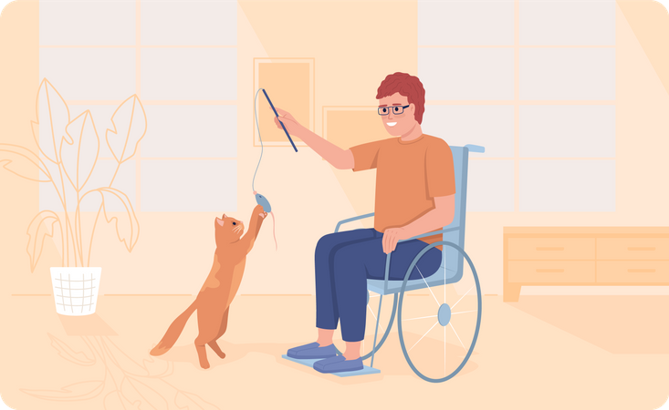 Disabled person playing with cat  Illustration