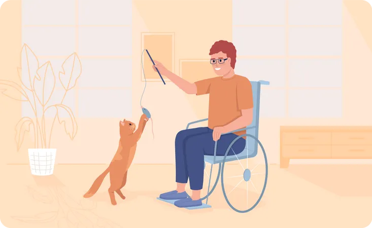 Disabled person playing with cat  Illustration