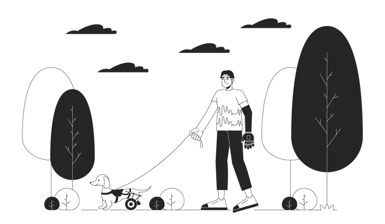 Disabled Pet Owner Line Black And White Line Illustration Asian Man With Prosthetic Arm Walking Wheelchaired Dog 2 D Lineart Character Isolated Disability Daily Monochrome Scene Vector Outline Image Illustration