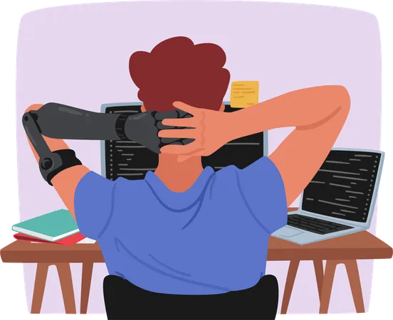 Disabled Male Character With A Hand Prosthesis Works In The Office Man Watching On Computer Screen Rear View Embracing Technology For Professional Success Cartoon People Vector Illustration イラスト