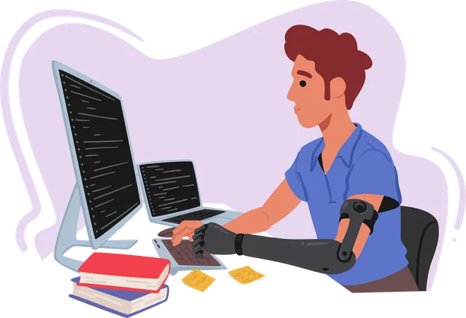 Determined Disabled Man With Hand Prosthesis Diligently Works In The Office Typing On His Computer With Resilience Showcasing Strength And Adaptability In Professional Settings Vector Illustration Illustration
