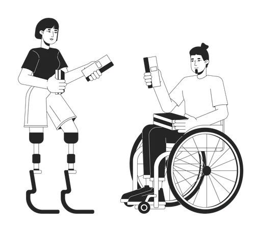 장애인 독자 흑백 2 D 라인 만화 캐릭터 아시아 여성 보철물 다리와 휠체어를 탄 백인 남자가 고립된 벡터 윤곽선 사람들 다양성 단색 플랫 스팟 그림 일러스트레이션