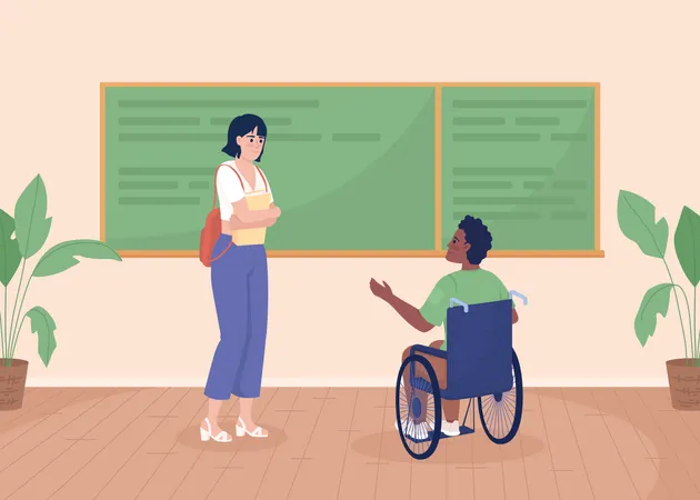 Disabled student with friend in classroom Illustration