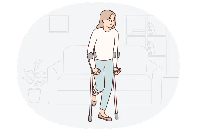松葉杖で歩いていた障害のある女性が交通事故や転倒で膝を負傷  イラスト