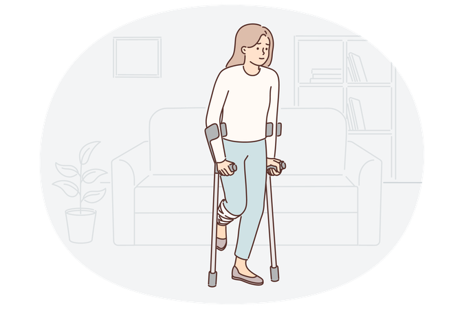 Disabled woman getting around with crutches injuring knee during car accident or fall  Illustration