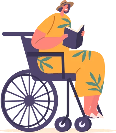 Disabled Woman In A Wheelchair Engrossed In A Book Her Eyes Filled With Curiosity And Her Heart Lost In The World Of Words Handicapped Female Reader Character Cartoon People Vector Illustration Illustration