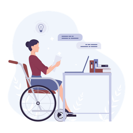 Disabled woman in wheelchair working at office  Illustration