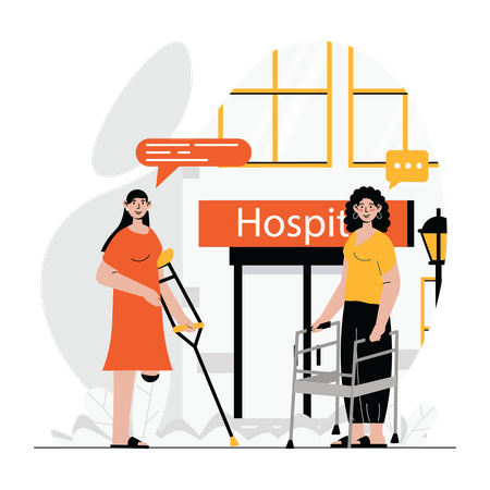 Disabled woman walking using walker and crutches  Illustration