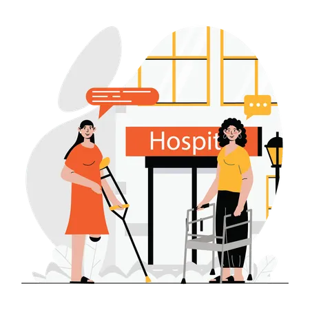 Disabled woman walking using walker and crutches  Illustration