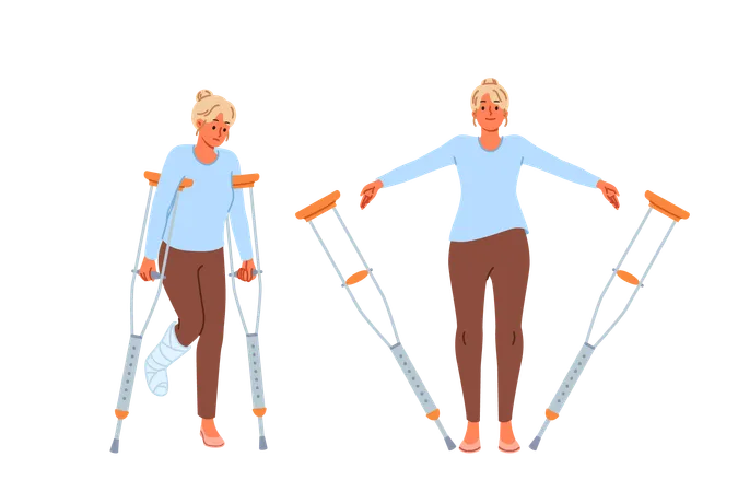 Disabled woman with broken leg throws away crutches after rehabilitation and procedures in clinic  Illustration