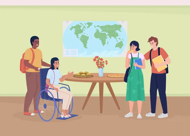 Disabled woman with groupmates in canteen Illustration