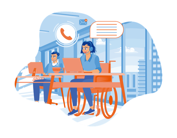 Disabled woman working in a call center office  Illustration