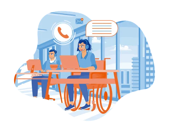 Disabled woman working in a call center office  Illustration