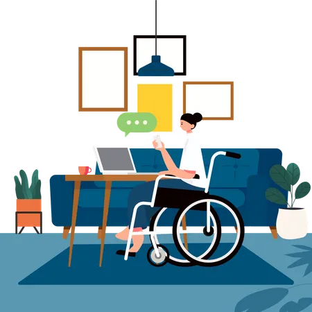 Disabled woman working on laptop Illustration