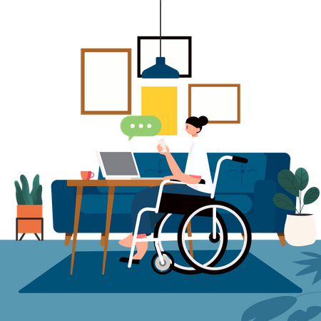 Disabled woman working on laptop  Illustration