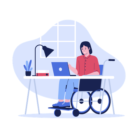 Disabled woman works using wheelchair  Illustration
