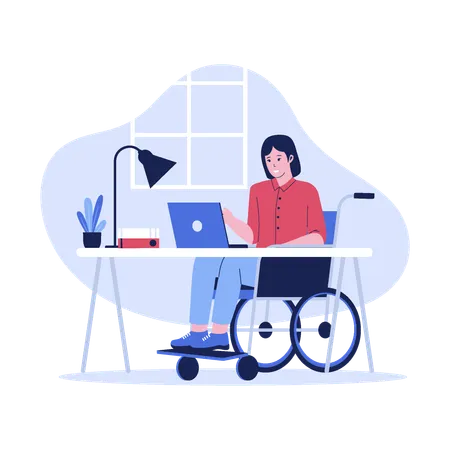 Disabled woman works using wheelchair  Illustration