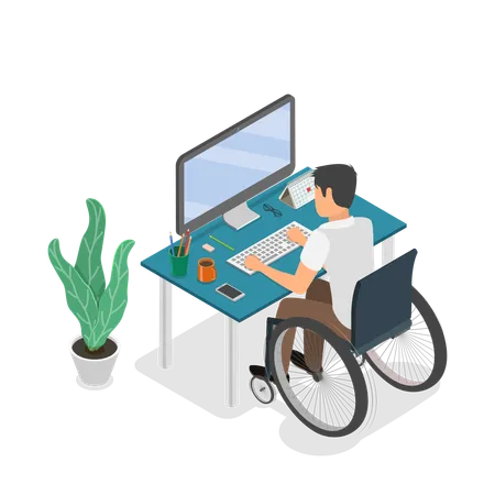 Disabled Worker woking at office  イラスト