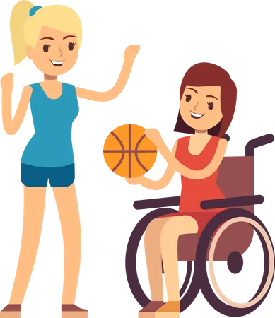 Disabled young woman playing basketball with friend Illustration
