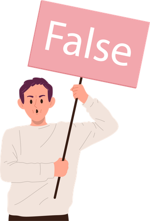 Disagree angry man waving placard with false phrase inscription  Illustration