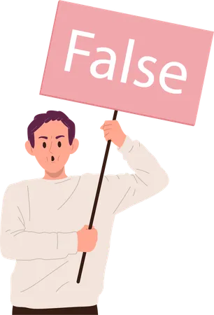 Disagree angry man waving placard with false phrase inscription  Illustration