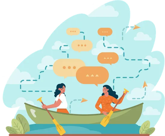 Disagreement team company sitting in wooden boat and mushrooming with oars in different direction  Illustration