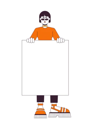 Disappointed Asian Girl Protesting Flat Line Color Vector Character Holding Blank Placard Editable Outline Full Body Person On White Simple Cartoon Spot Illustration For Web Graphic Design 일러스트레이션