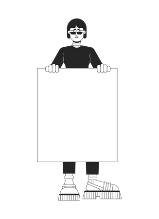 Disappointed Asian Girl Protesting Flat Line Black White Vector Character Holding Placard Editable Outline Full Body Person Simple Cartoon Isolated Spot Illustration For Web Graphic Design Illustration