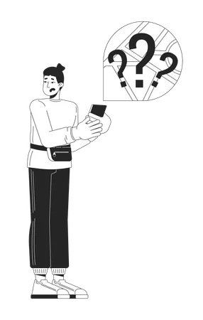 Disappointed Man Getting Lost Black And White 2 D Line Cartoon Character Tourist Trying To Find Location With Smartphone Isolated Vector Outline Person Danger Monochromatic Flat Spot Illustration Illustration