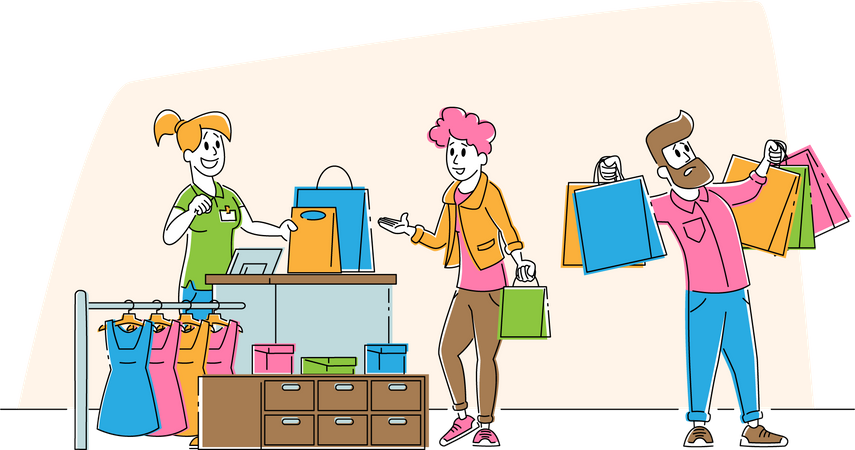 Disappointed customer holding shopping bags  Illustration