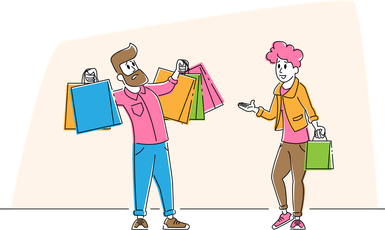 Disappointed husband after shopping with wife Illustration