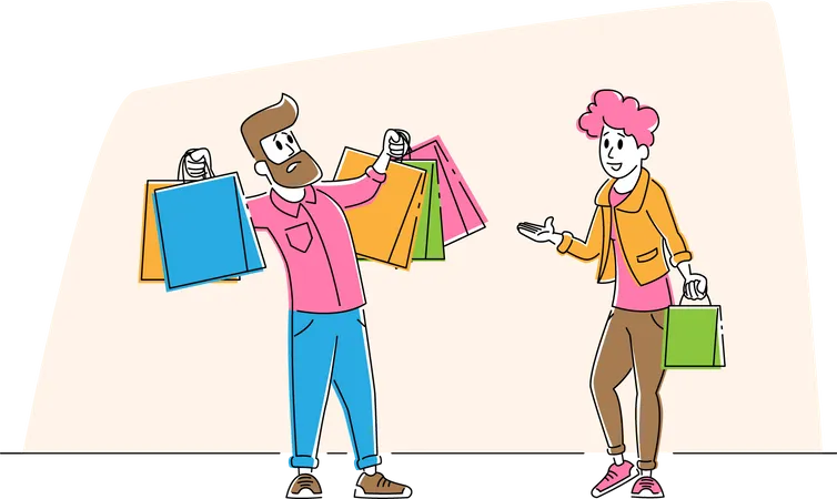 Young Man Hold Colorful Shopping Bags Disappointed With Girlfriend Make Crazy Shopping Seasonal Sale Discount Shopaholic With Purchases In Paper Packs Cartoon Flat Vector Illustration Line Art Illustration