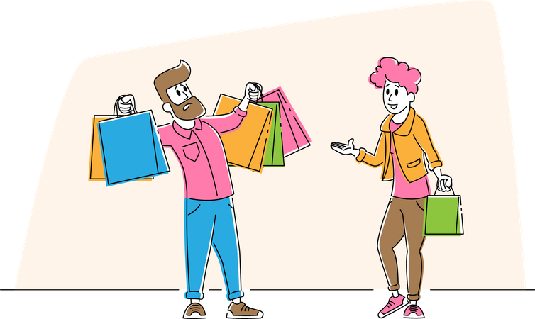 Disappointed husband after shopping with wife  Illustration