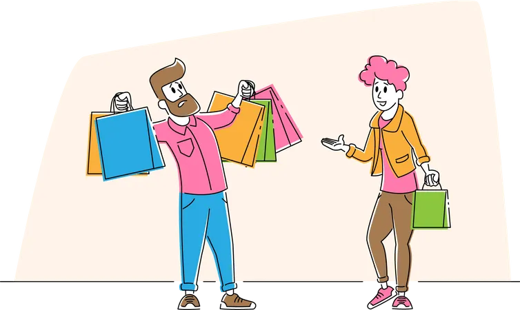 Disappointed husband after shopping with wife  Illustration