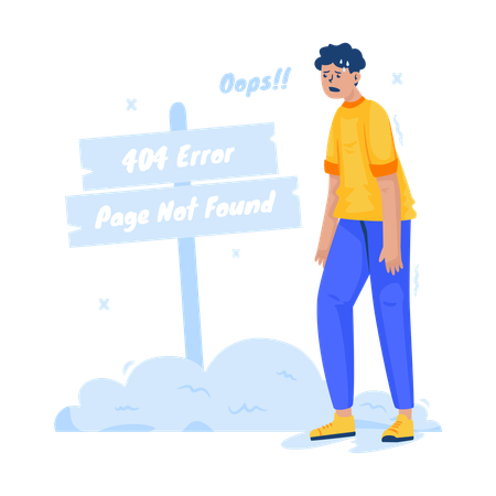 Disappointed man seeing error 404 page not found signage  イラスト