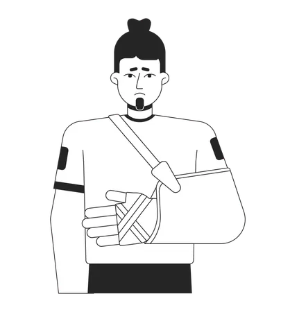 Disappointed Man With Broken Arm Flat Line Black White Vector Character Editable Outline Half Body Male With Bandaged Wrist On White Simple Cartoon Isolated Spot Illustration For Web Graphic Design Illustration