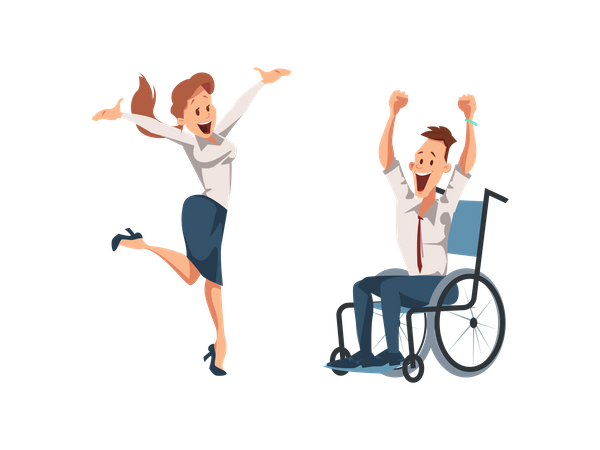 Empleados masculinos y femeninos discapacitados saltando de alegría  Ilustración